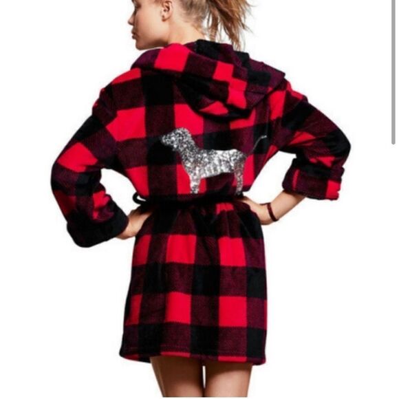 Victoria's Secret Pink Bling Plaid Fleece Hooded Robe Red/Black/Silver Dog XS - Picture 6 of 10
